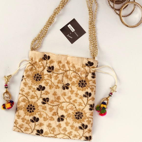 Bags | Newboho Drawstring Clutch Bag Black N Gold | Poshmark